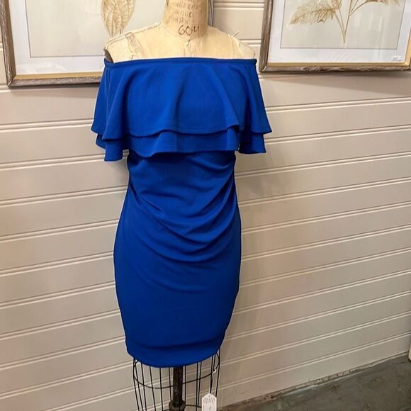 Hello MIZ Blue Double Layer Ruffle Off Shoulder Maternity Dress Size Small NWT - Picture 3 of 10